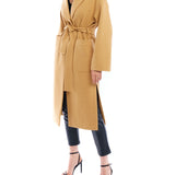 tie front midi length jacket is made with soft faux wool, detachable tie belt and deep front pockets in camel