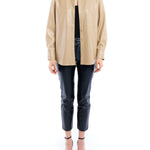 faux leather button up with long cuffed sleeves and relaxed fit in taupe