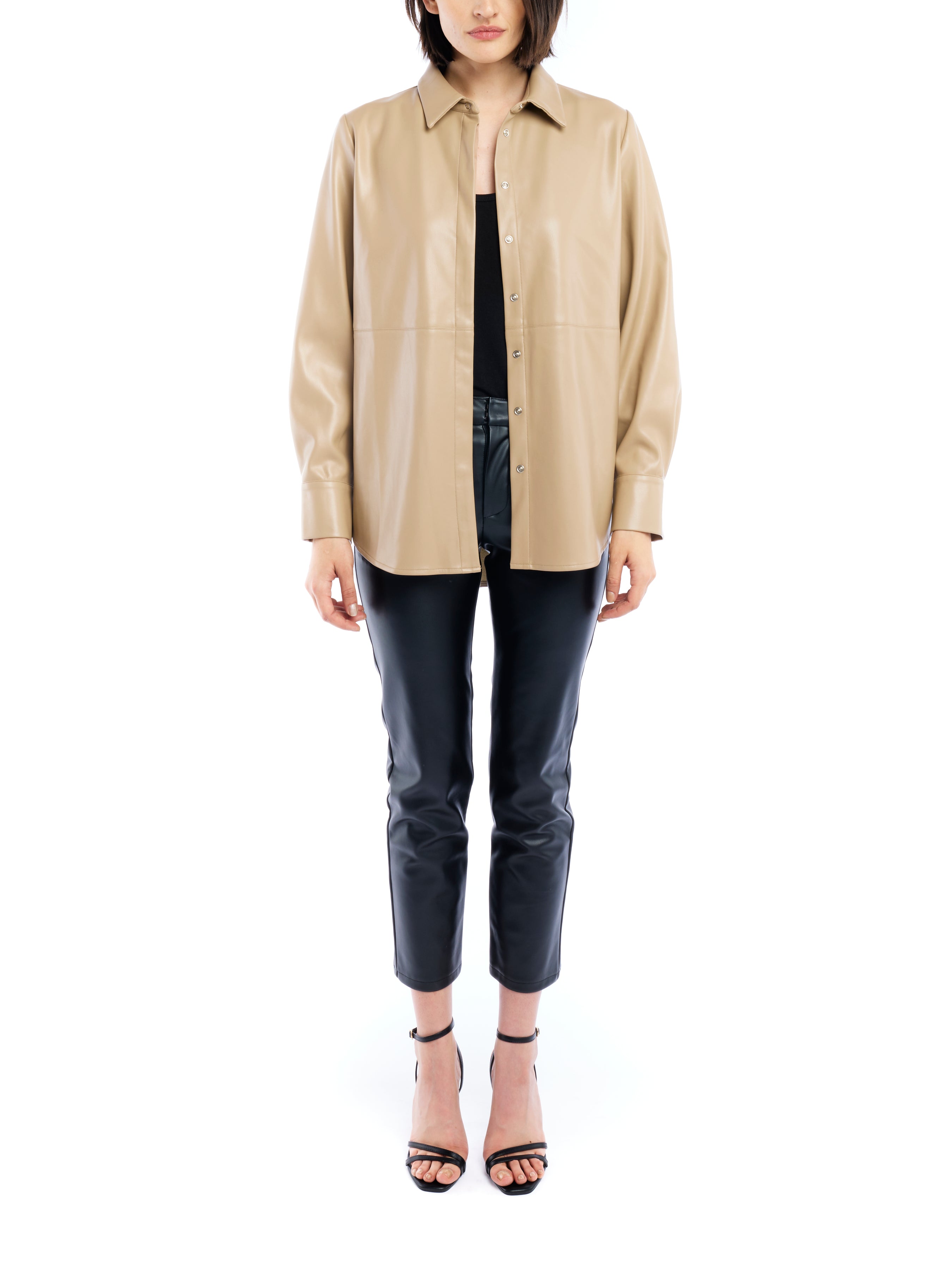 faux leather button up with long cuffed sleeves and relaxed fit in taupe