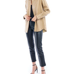 faux leather button up with long cuffed sleeves and relaxed fit in taupe