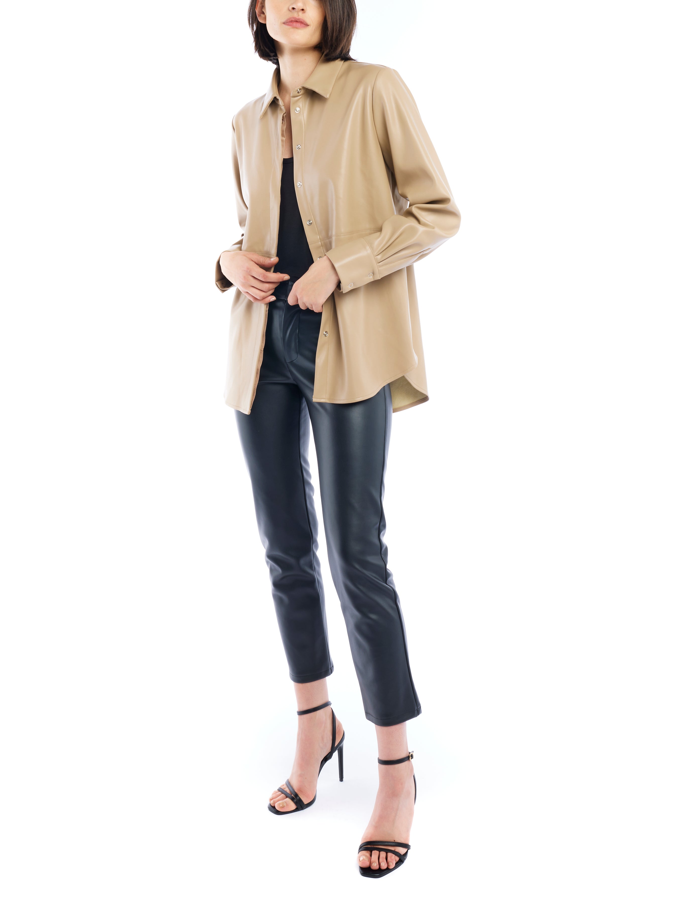 faux leather button up with long cuffed sleeves and relaxed fit in taupe