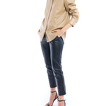 faux leather button up with long cuffed sleeves and relaxed fit in taupe