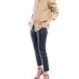 faux leather button up with long cuffed sleeves and relaxed fit in taupe