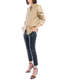 faux leather button up with long cuffed sleeves and relaxed fit in taupe