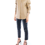 faux leather button up with long cuffed sleeves and relaxed fit in taupe