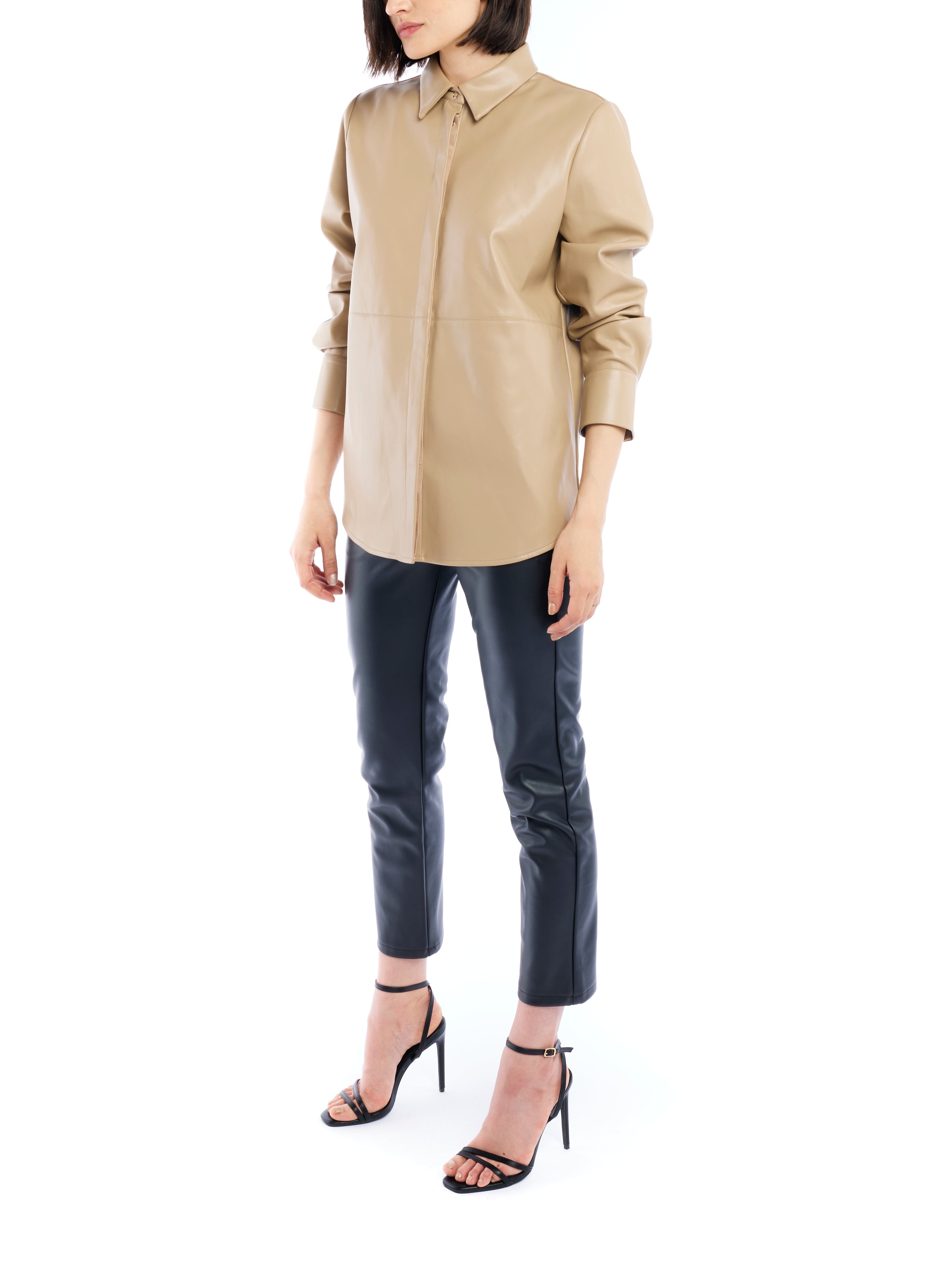 faux leather button up with long cuffed sleeves and relaxed fit in taupe