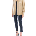 faux leather button up with long cuffed sleeves and relaxed fit in taupe