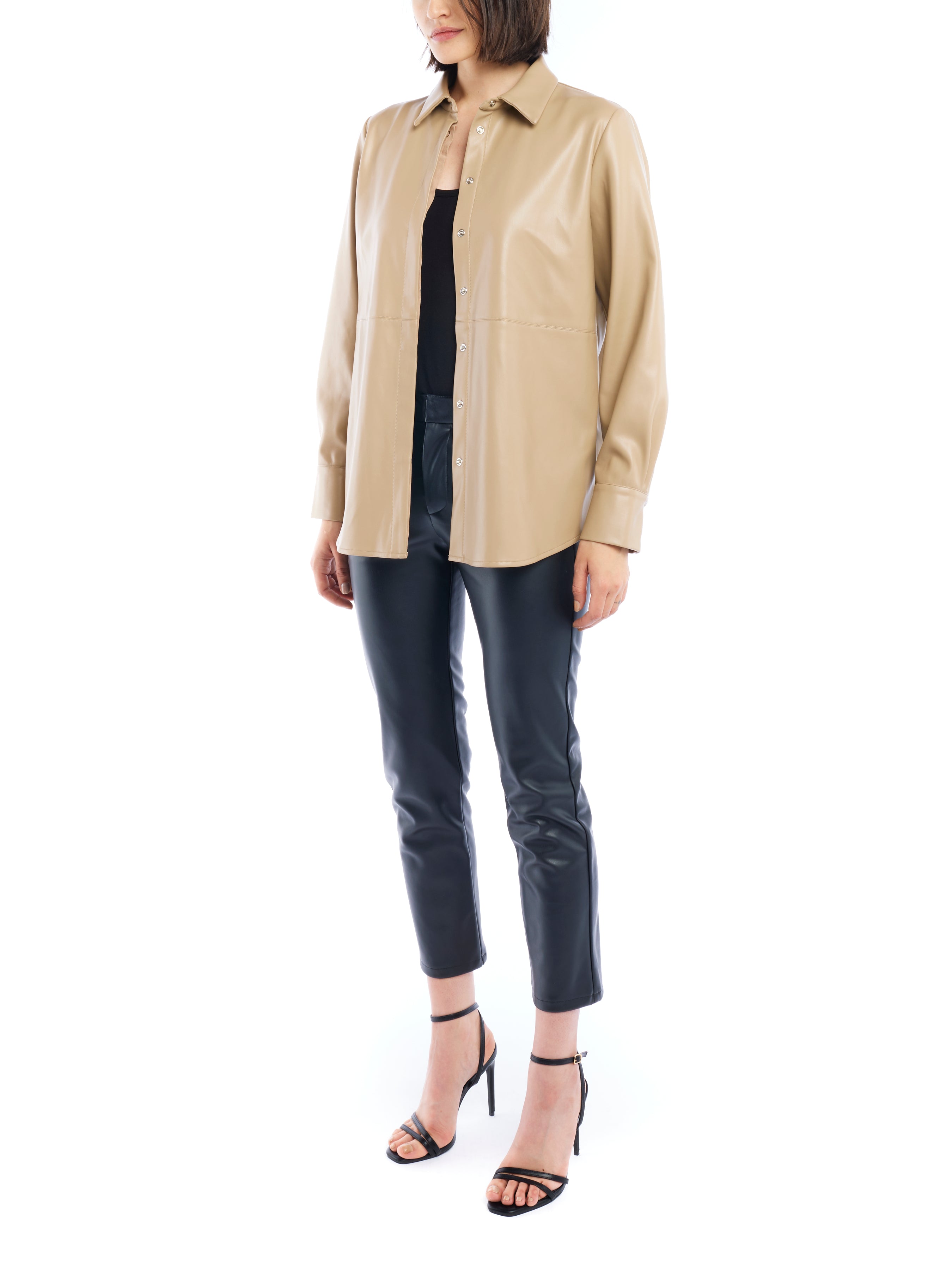 faux leather button up with long cuffed sleeves and relaxed fit in taupe