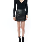 ribbed, collared, long sleeve bodysuit with a deep v-neck and snap closure in black