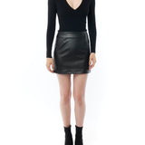 ribbed, collared, long sleeve bodysuit with a deep v-neck and snap closure in black