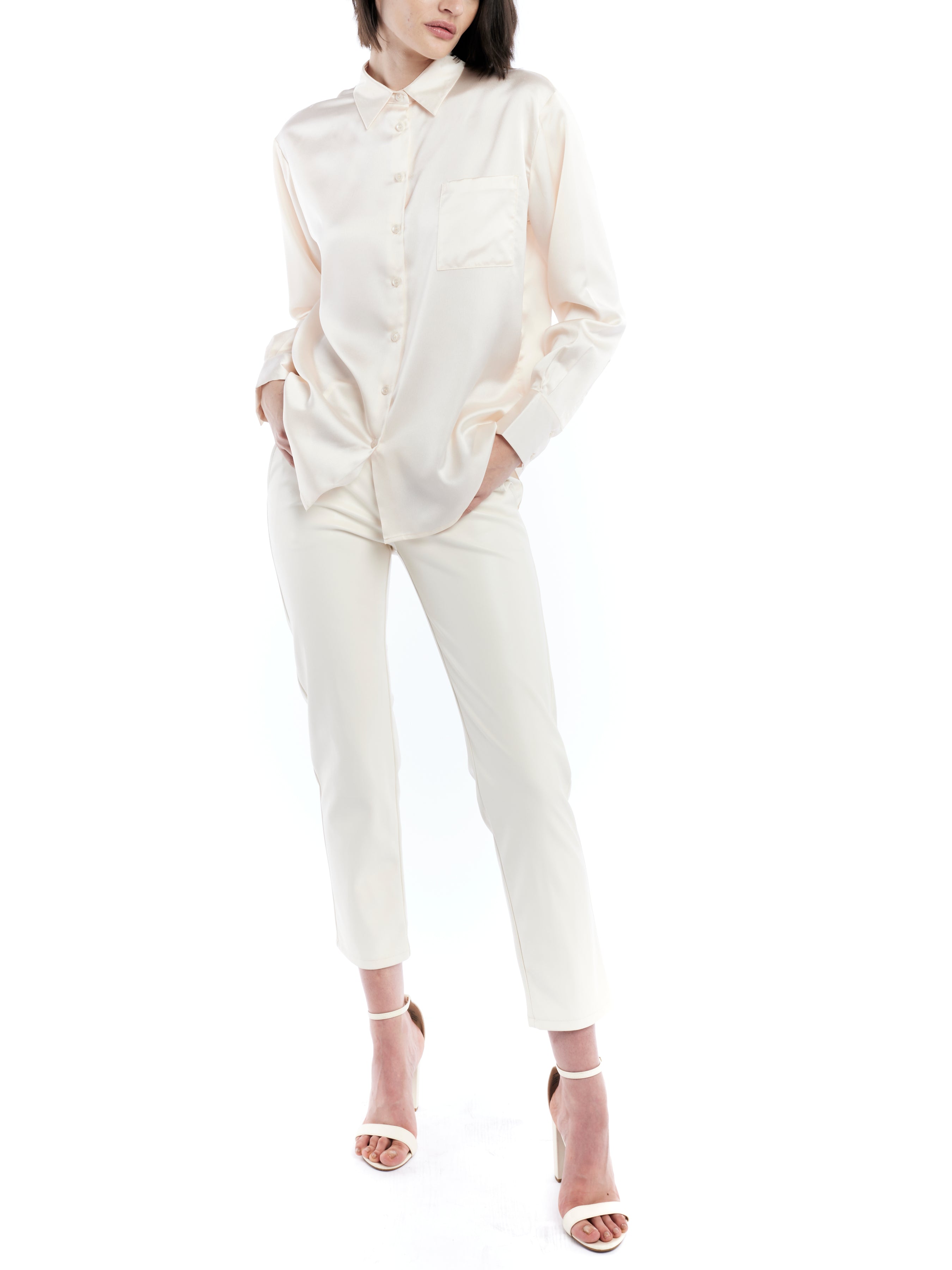 button up blouse made with faux silk in ivory