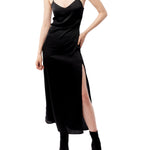 faux silk dress with spaghetti straps, v-neck and side slit in black
