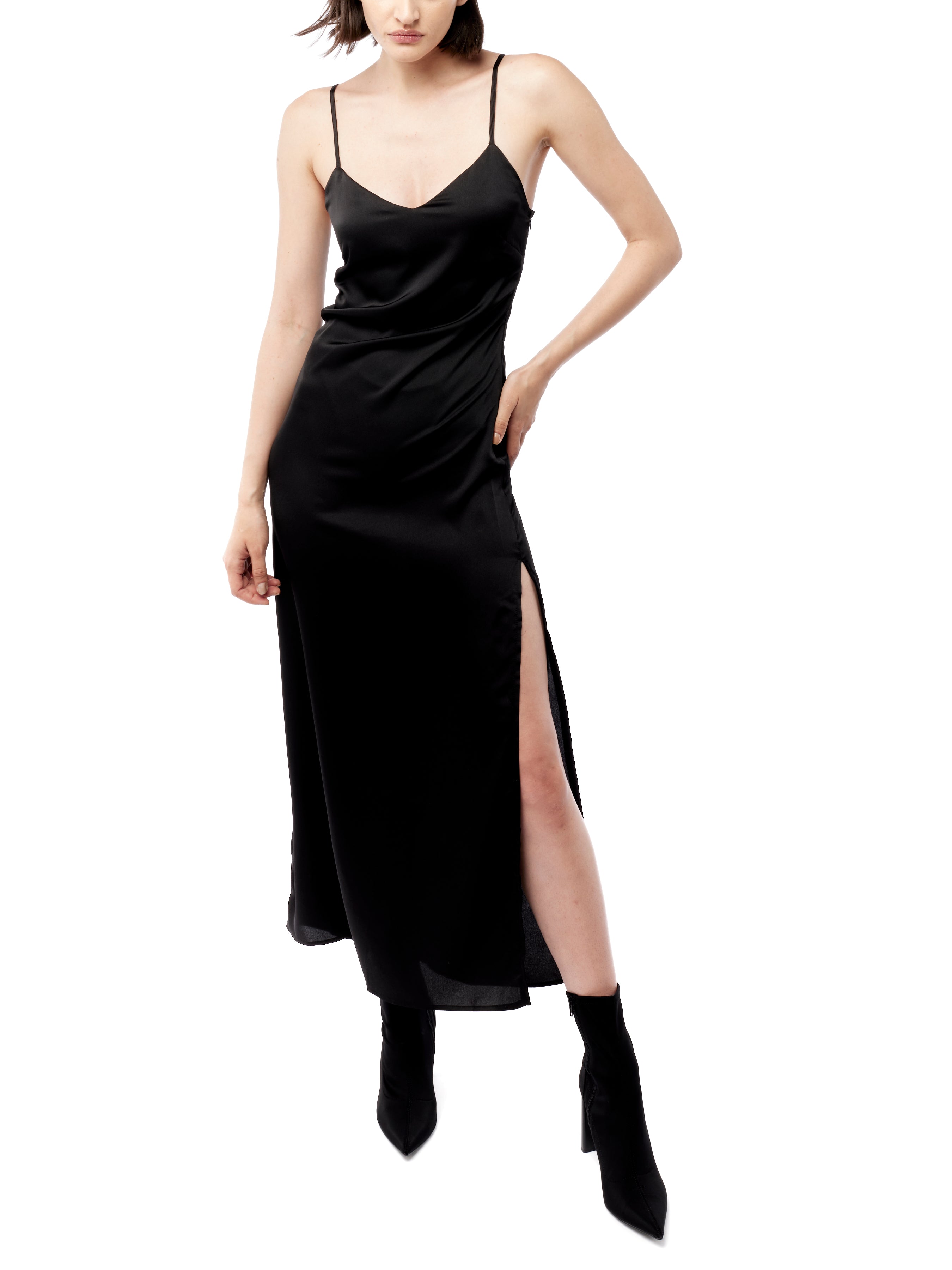 faux silk dress with spaghetti straps, v-neck and side slit in black