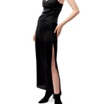 faux silk dress with spaghetti straps, v-neck and side slit in black