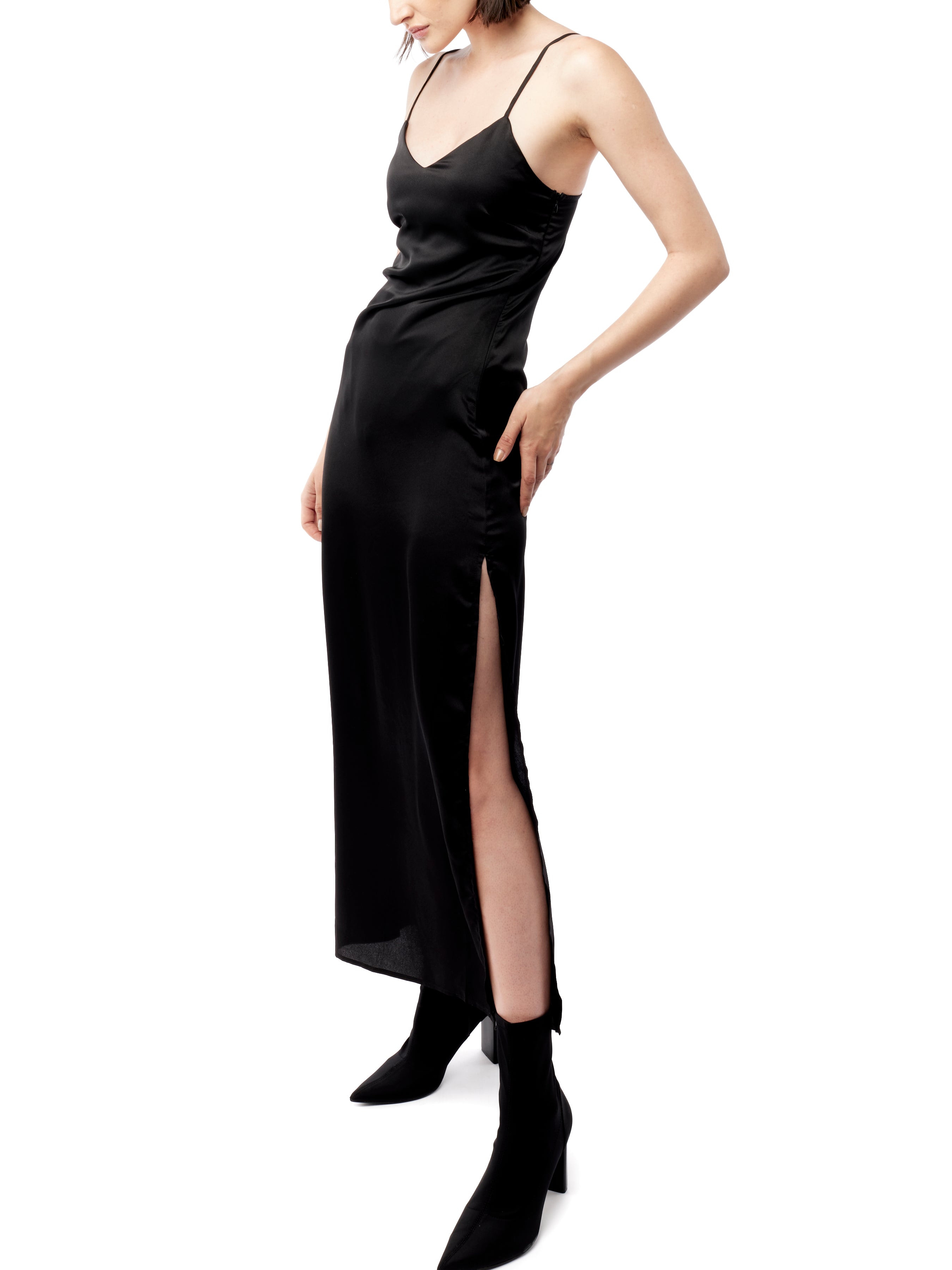 faux silk dress with spaghetti straps, v-neck and side slit in black