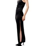 faux silk dress with spaghetti straps, v-neck and side slit in black