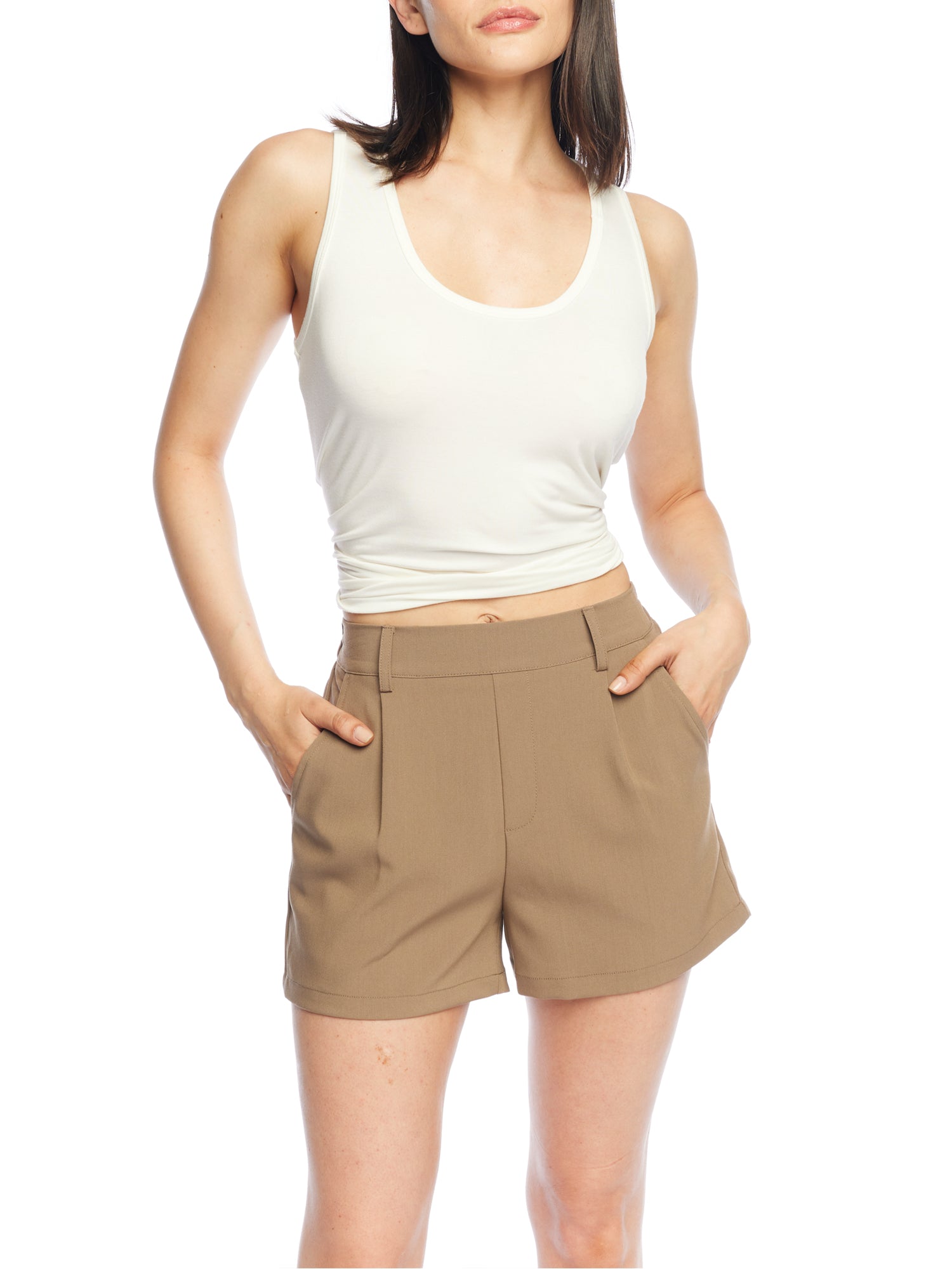 pleated shorts with a flattering mid rise, elasticized back waist, belt loops and front & back pockets in mocha