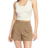 pleated shorts with a flattering mid rise, elasticized back waist, belt loops and front & back pockets in mocha