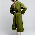 tie front midi length jacket is made with soft faux wool, detachable tie belt and deep front pockets in army green