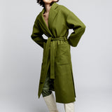 tie front midi length jacket is made with soft faux wool, detachable tie belt and deep front pockets in army green