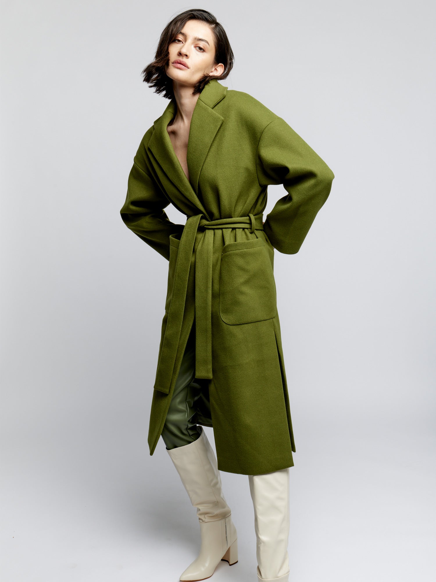 tie front midi length jacket is made with soft faux wool, detachable tie belt and deep front pockets in army green