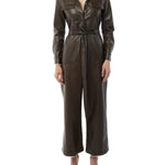 faux leather jumpsuit with long sleeves, wide legs, snap front, pockets and waist tie and elastic waist in maple