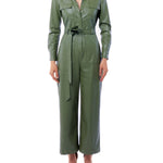 faux leather jumpsuit with long sleeves, wide legs, snap front, pockets and waist tie and elastic waist in olive