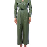 faux leather jumpsuit with long sleeves, wide legs, snap front, pockets and waist tie and elastic waist in olive
