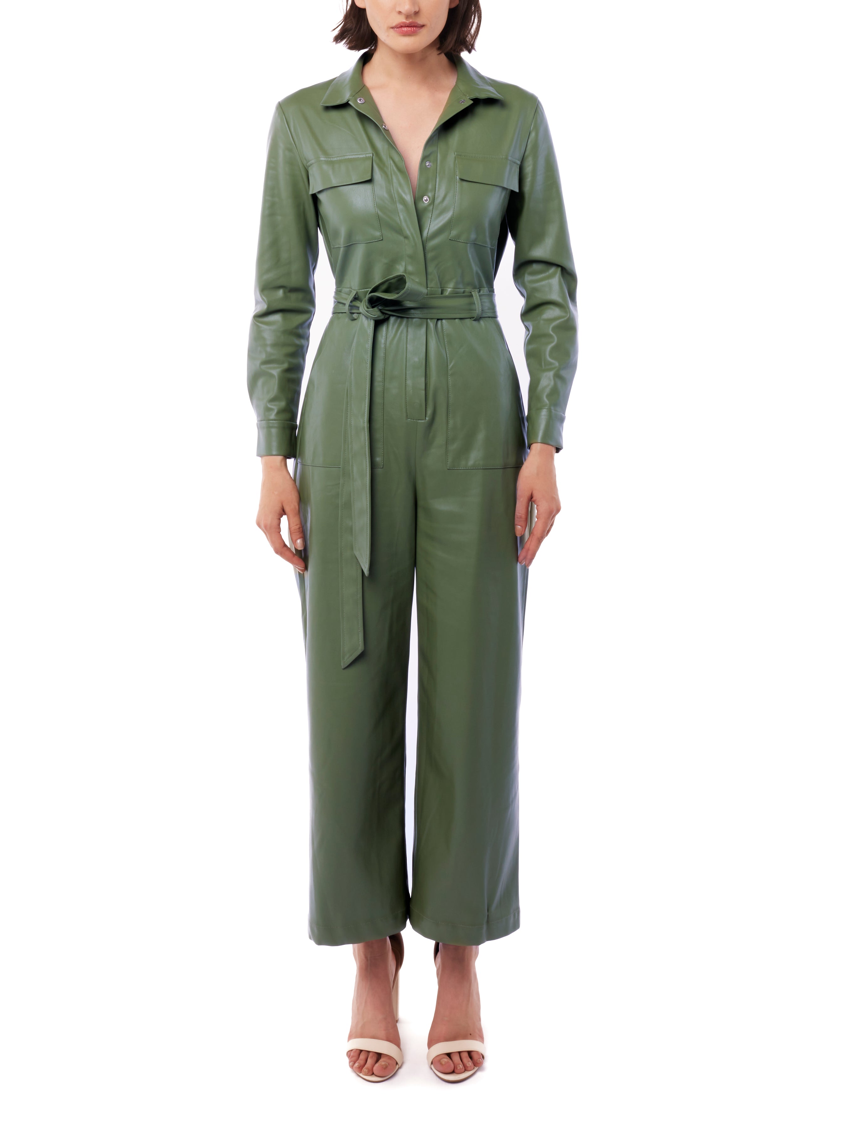 faux leather jumpsuit with long sleeves, wide legs, snap front, pockets and waist tie and elastic waist in olive