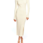 long sleeve, midi dress with a mock turtleneck, ribbed detailing, side slit and back cut out in ivory