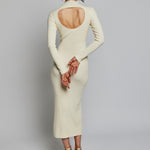 long sleeve, midi dress with a mock turtleneck, ribbed detailing, side slit and back cut out in ivory