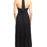 tiered maxi dress with mock neck, tie back halter, smocked bodice and back and ruffled detailing along the tiers in black