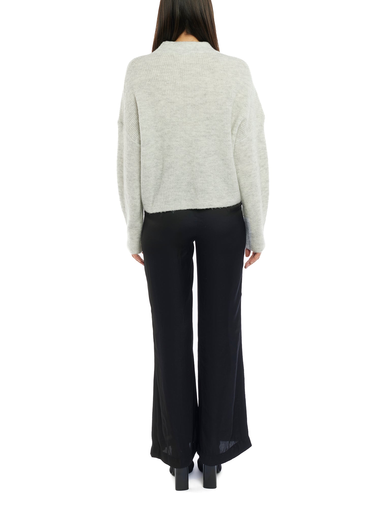 mock sweater features long sleeves and slightly cropped length in heather grey