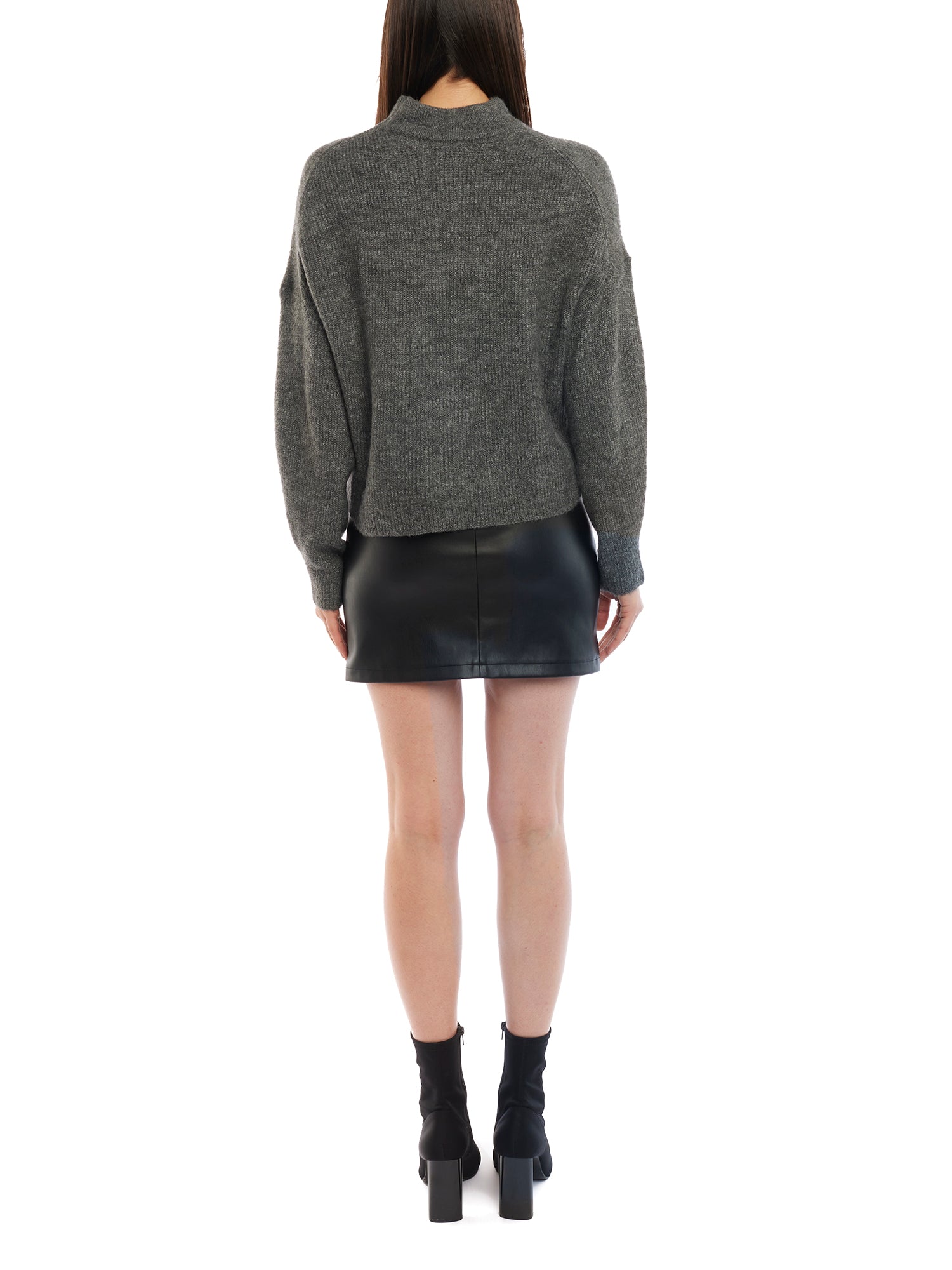 mock sweater features long sleeves and slightly cropped length in dark heather grey