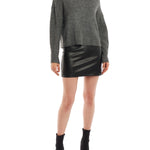 mock sweater features long sleeves and slightly cropped length in dark heather grey