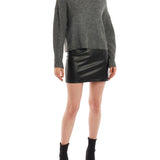 mock sweater features long sleeves and slightly cropped length in dark heather grey