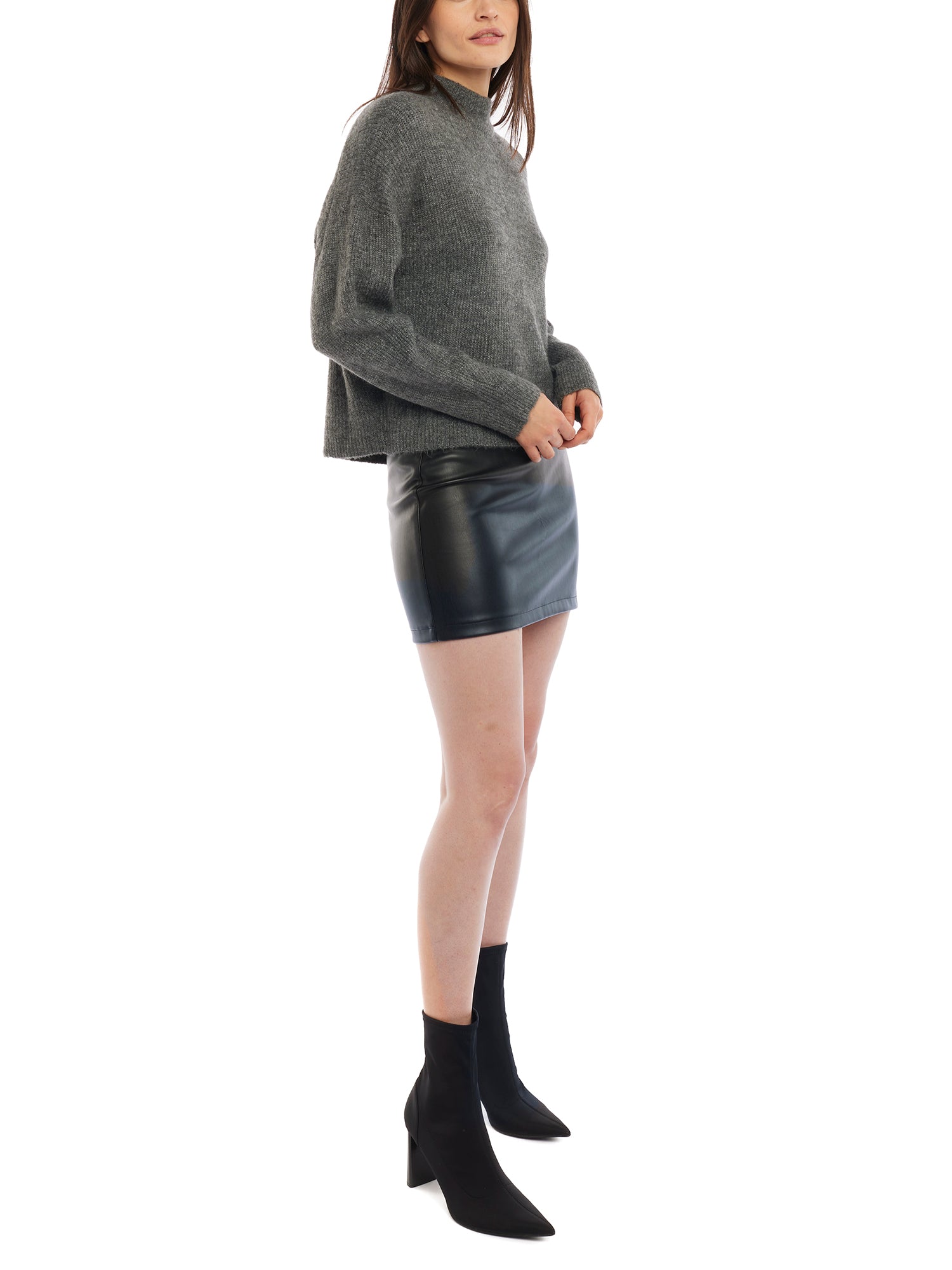 mock sweater features long sleeves and slightly cropped length in dark heather grey