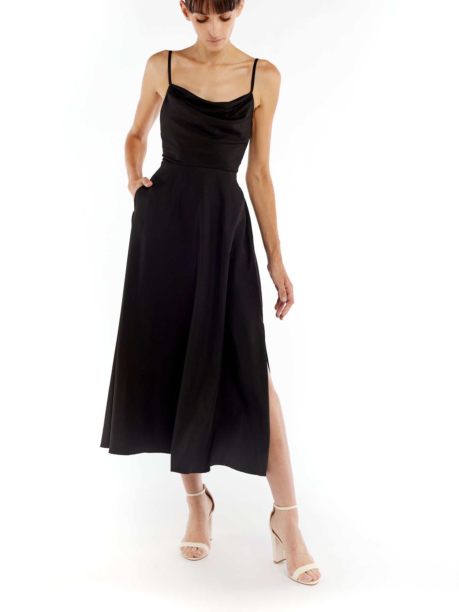 cowl neck dress with adjustable straps, side pockets, ankle length and open tie back in black