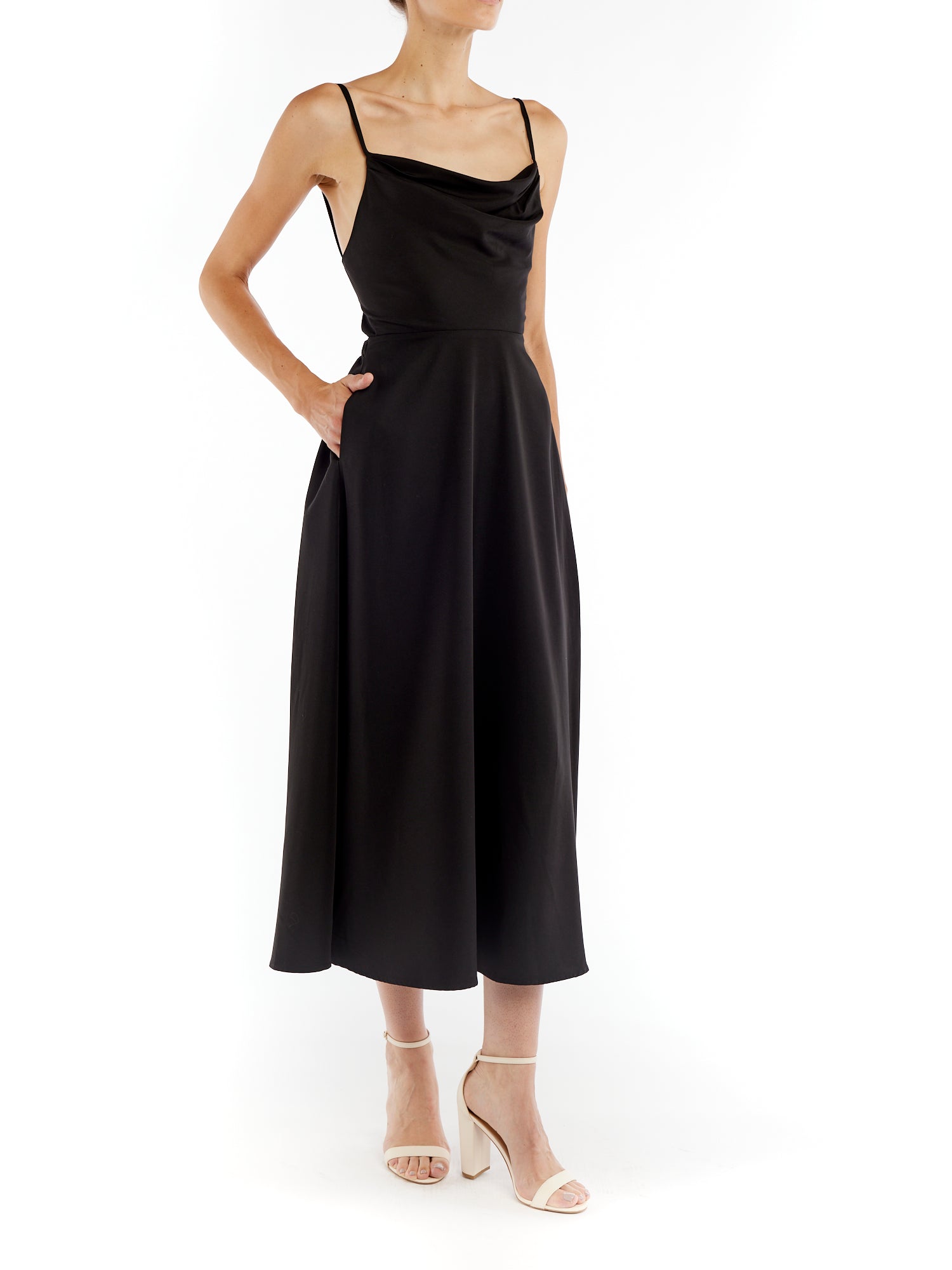 cowl neck dress with adjustable straps, side pockets, ankle length and open tie back in black