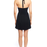 mini cutout dress with a tie neck, side cutouts and cinched front bust with covered band in black