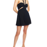 mini cutout dress with a tie neck, side cutouts and cinched front bust with covered band in black