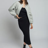 cozy, zip up jacket with elasticized cuffs and bottom hem, front pockets and a varsity collar