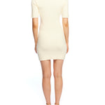 hugging short sleeve mini dress, with faux button front, v-neck and front slit in ivory
