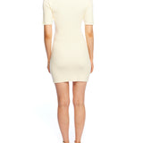 hugging short sleeve mini dress, with faux button front, v-neck and front slit in ivory