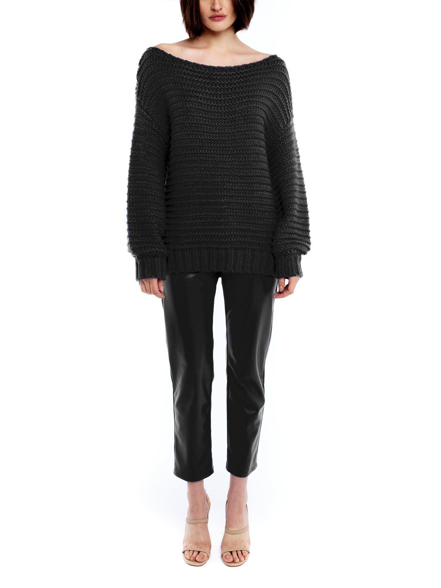 Ballet neck sweater with long balloon sleeves, ribbed cuffs and hem and a drop shoulder in black