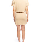 short sleeve dress with a crew neck, elasticized, blouson waist, mini length and a twisted front panel over the skirt