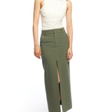 straight cut, ankle length skirt with front slit, side pockets, back welt pockets, belt loops and zipper closure