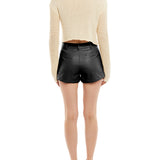 Faux leather, mid-rise shorts with a pleated front  - back view