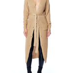 button down ribbed long cardigan with waist tie and front pockets