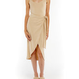 Eva tank dress with a tulip hem, side tie and a scoop neck and back in clay